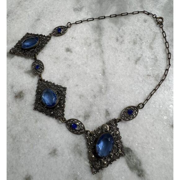 Antique Victorian Czech Blue Glass Filigree Bib Choker Necklace - Picture 12 of 14